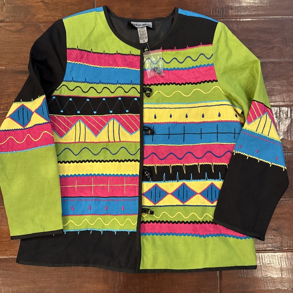 Vintage Indigo Moon Jacket Women Medium Cotton Colorful Rainbow Abstract Lined